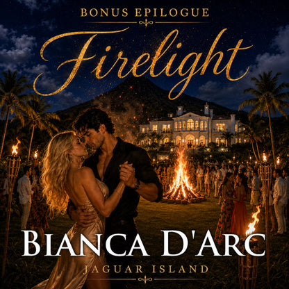 Book cover for 'Bonus Epilogue: Firelight' by Bianca D'Arc, set on Jaguar Island at night. The cover features a romantic couple embracing in the foreground, with a large illuminated mansion, palm trees, and a bonfire in the background under a starry sky.